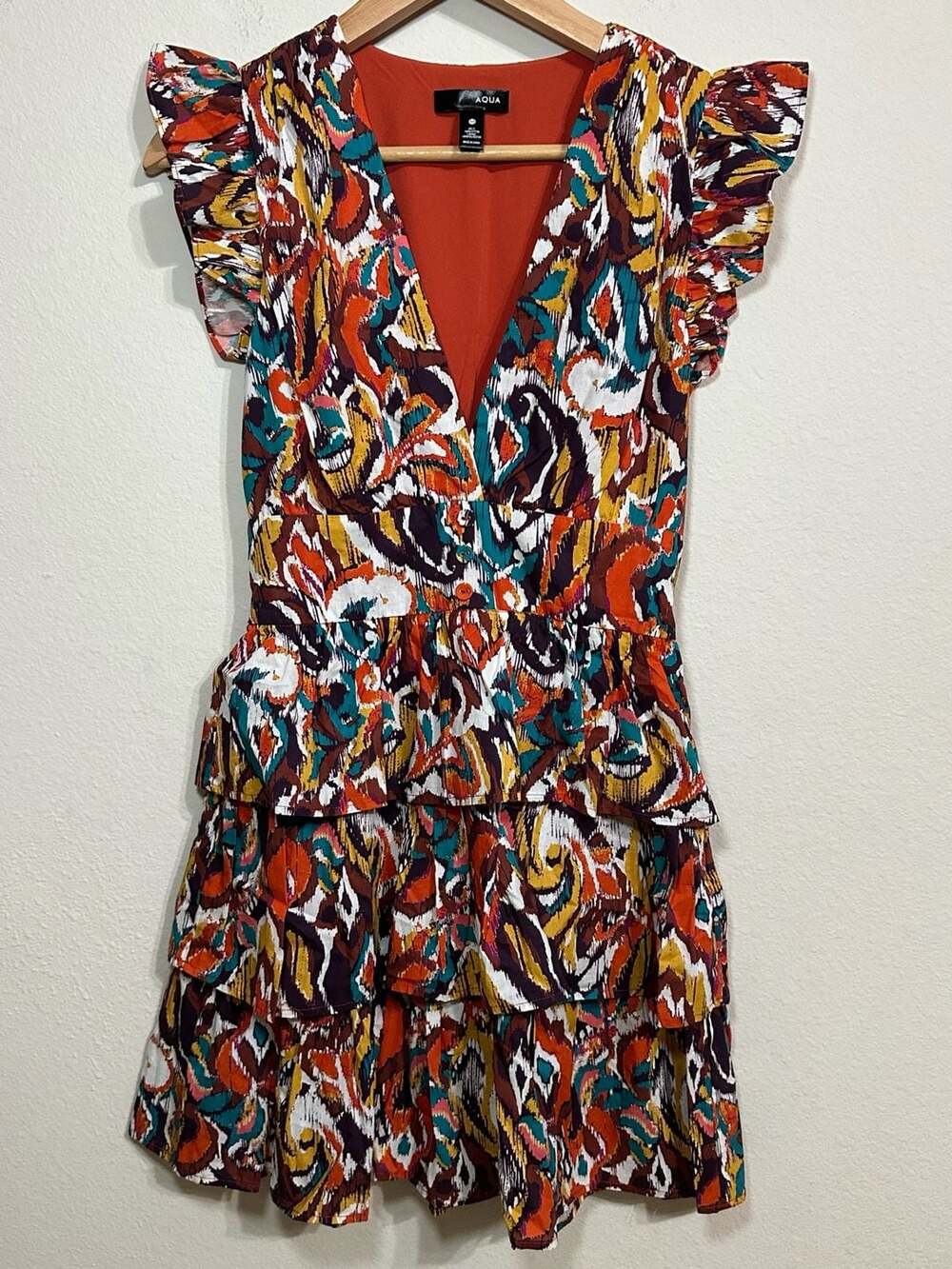 AQUA Women's XS Multi-Color Abstract Print Ruffle Tiered Mini Dress